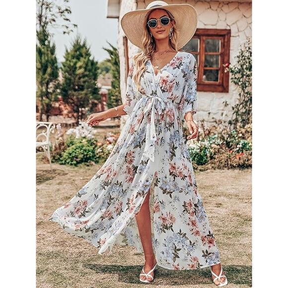 NEW White Floral 3/4 sleeve Maxi Dress L - Picture 5 of 5